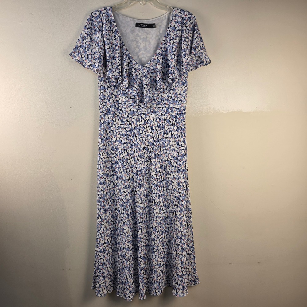 Lauren Ralph Lauren Blue Floral Ruffle V-Neck Midi Dress Womens Size 4 Flutter